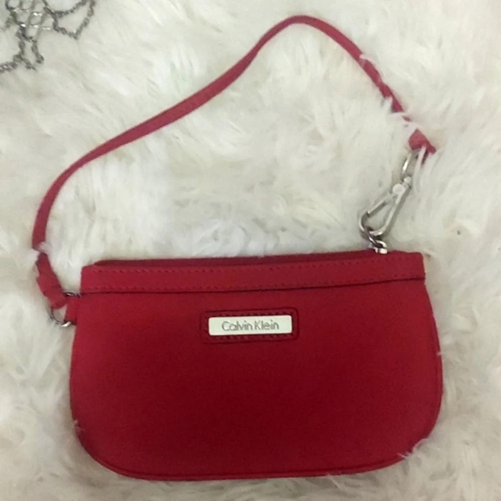 Calvin Klein Leather Zip Wristlet  Pouch crimson red